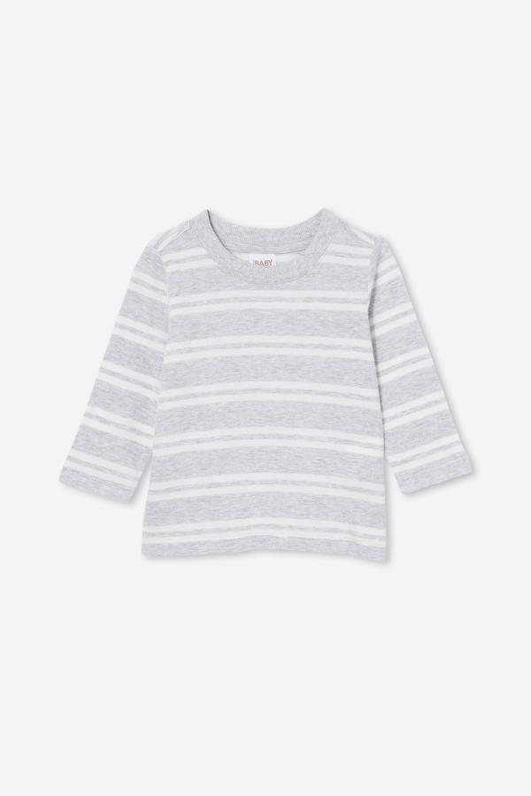 Cotton On Kids - Jamie Long Sleeve Graphic Print Tee - Cloud marle/vanilla double stripe