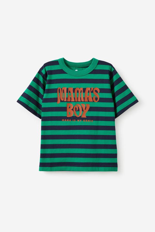 Cotton On Kids - Jonny Short Sleeve Graphic Print Tee - Dual green/squid ink stripe mama's boy