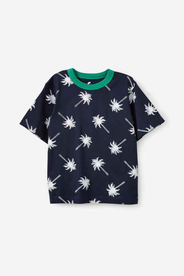 Cotton On Kids - Jonny Short Sleeve Graphic Print Tee - Squid ink/white palm tree yardage