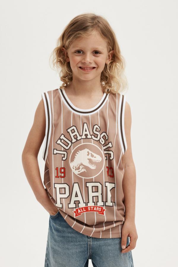 Cotton On Kids - Jurassic Park Basketball Tank - Lcn uni taupy brown & white stripe/jurassic p