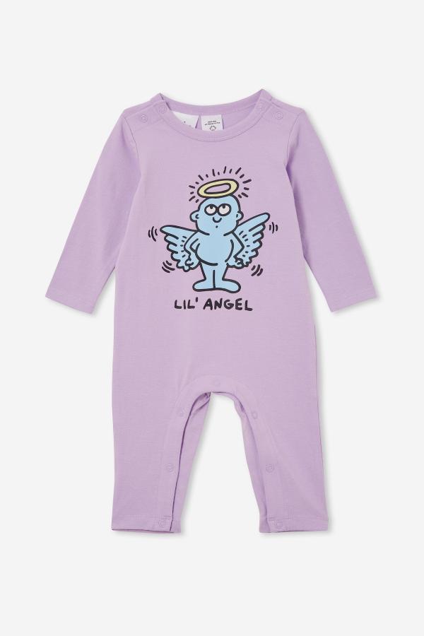 Cotton On Kids - Keith Haring Long Sleeve Snap Romper - Lcn kei lilac drop/keith haring lil angel