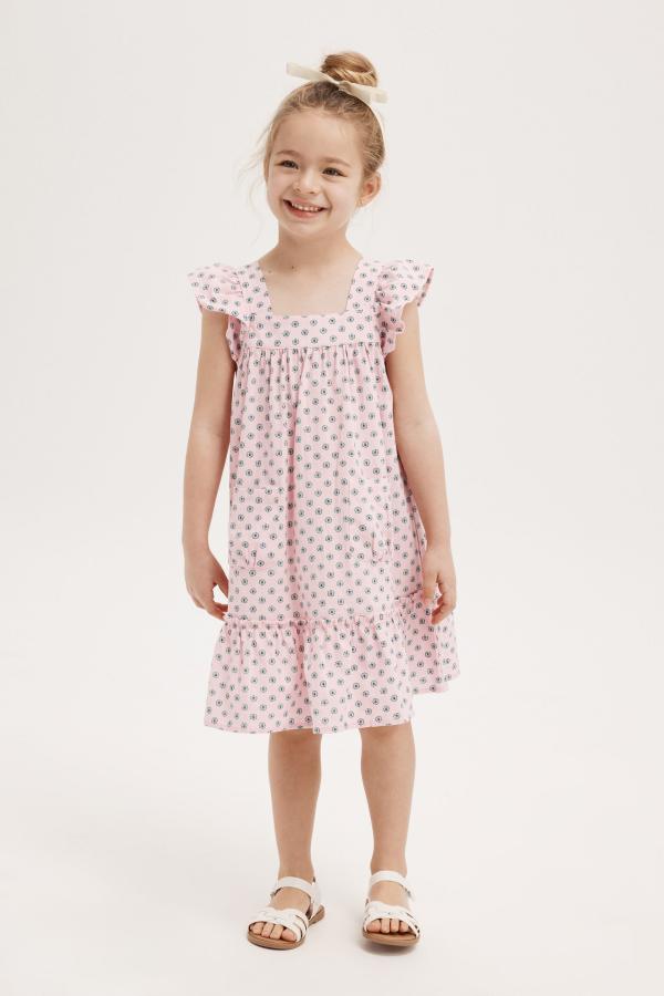 Cotton On Kids - Luna Flutter Sleeve Dress - Blush pink/tiny tulip stamp