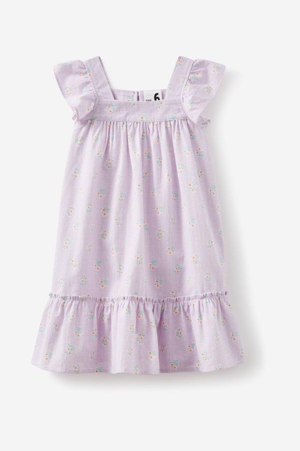 Cotton On Kids - Luna Flutter Sleeve Dress - Lilac drop/grid floral