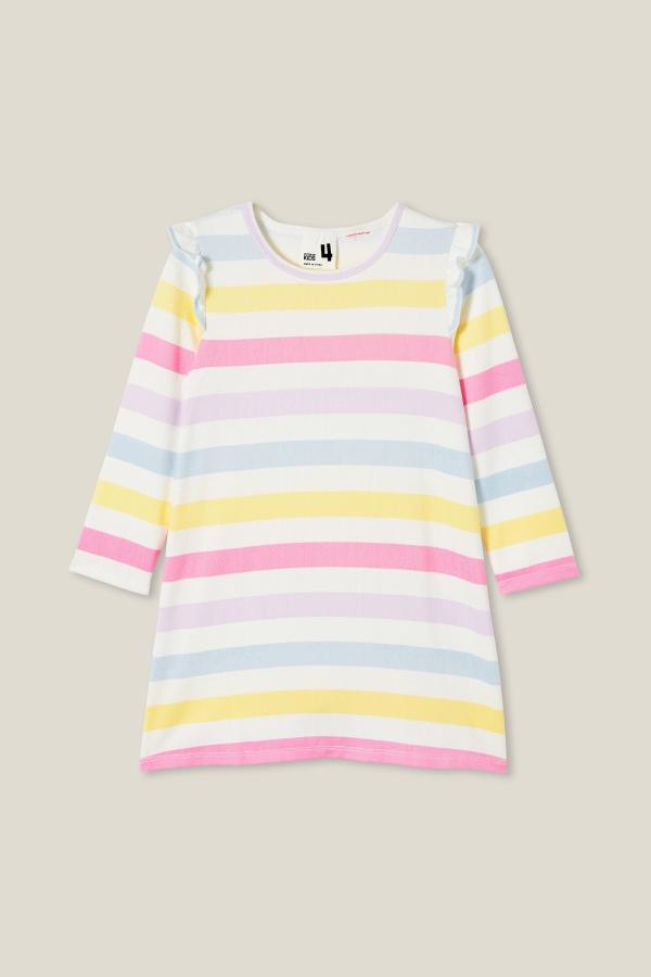 Cotton On Kids - Maddi Long Sleeve Flutter Nightie - Multi/bold rainbow stripe