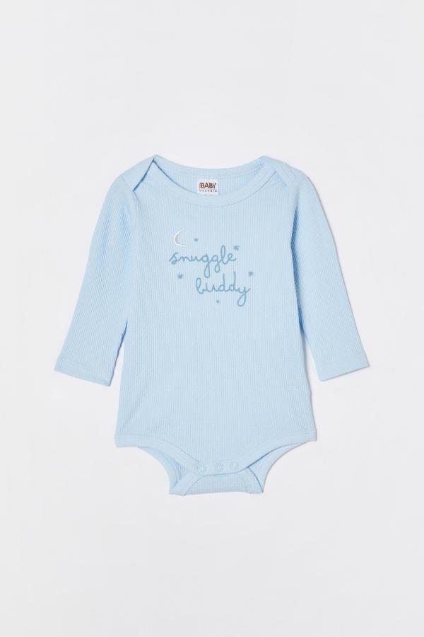 Cotton On Kids - Organic Pointelle Long Sleeve Bubbysuit - White water blue/snuggle buddy