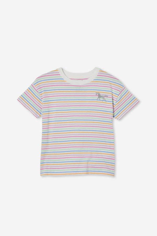 Cotton On Kids - Poppy Short Sleeve Graphic Print Tee - Vanilla rainbow stripe/unicorn