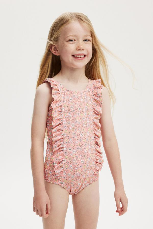 Cotton On Kids - Riley Ruffle One Piece - Orange coral/mimi ditsy