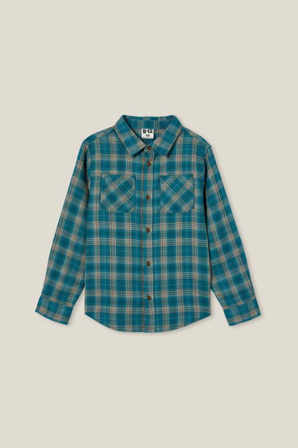 Cotton On Kids - Rocky Long Sleeve Shirt - Turtle green/taupy brown waffle plaid