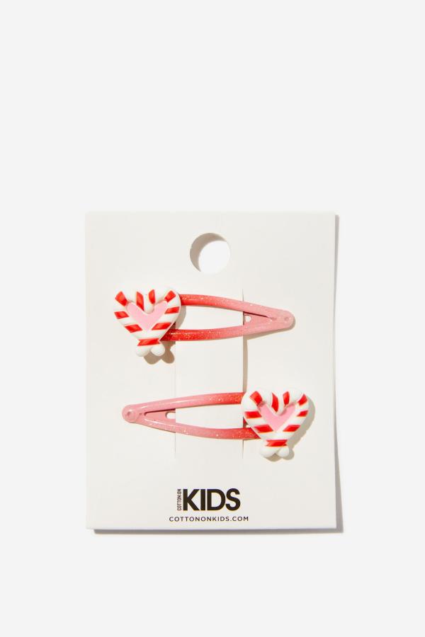 Cotton On Kids - Sadie Snap Clips - Varsity red ombre/candy cane hearts