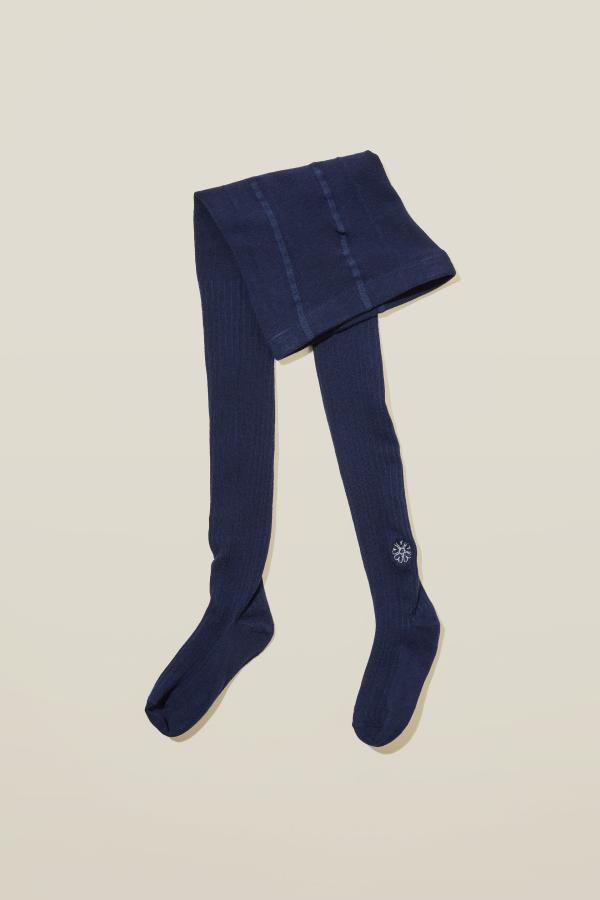 Cotton On Kids - Solid Tights - Navy solid rib/flower emb