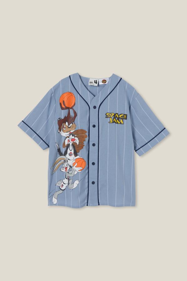 Cotton On Kids - Space Jam License Baseball Short Sleeve Shirt - Lcn wb dusty blue stripe/space jam