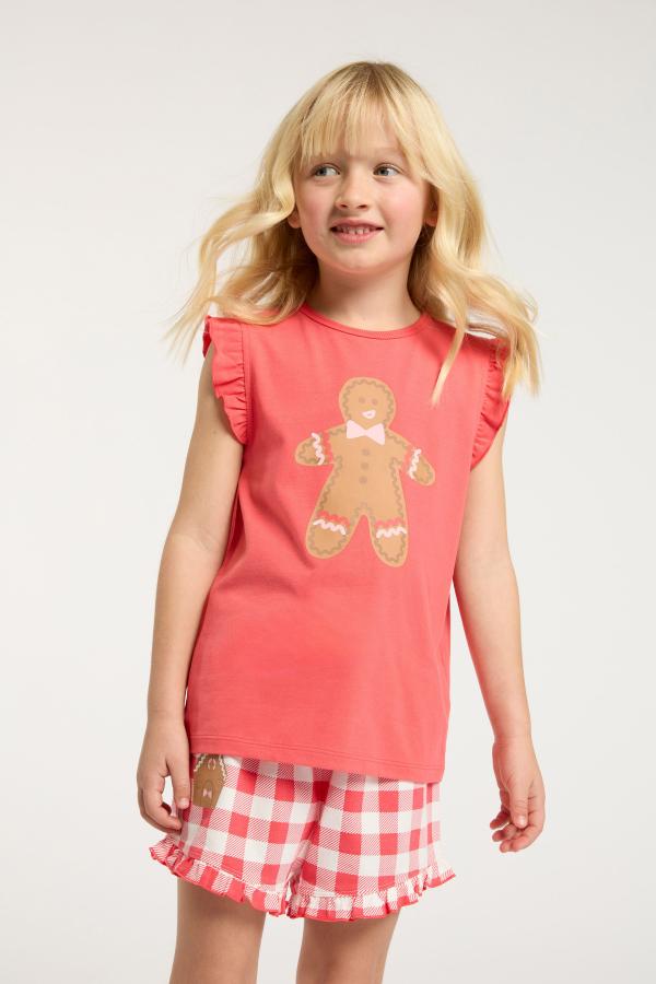 Cotton On Kids - Stacey Short Sleeve Flutter Pyjama Set - Anthurium red/gingerbread gingham