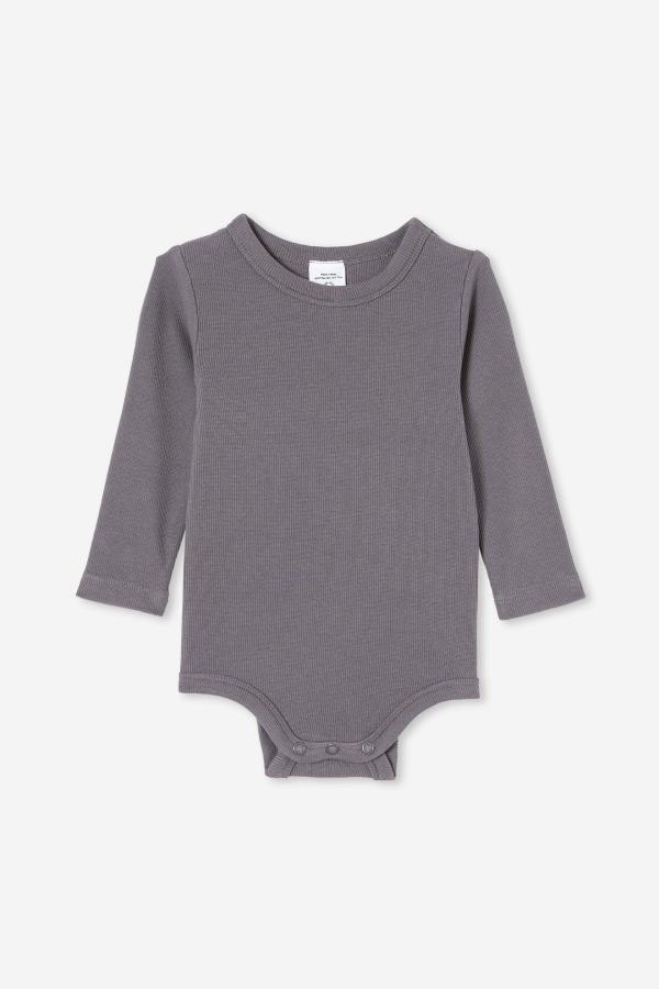 Cotton On Kids - The Long Sleeve Rib Bubbysuit - Rabbit grey wash