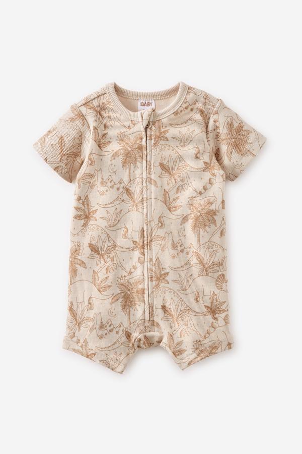 Cotton On Kids - The Short Sleeve Zip Romper - Taupy brown/dino night