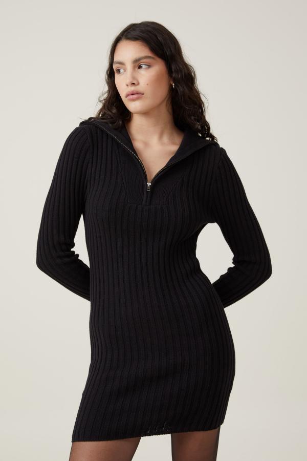 Cotton On Women - 1/4 Zip Cable Knit Mini Dress - Black