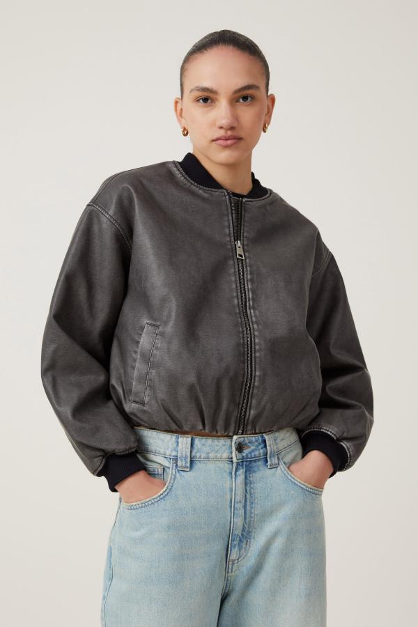 Cotton On Women - Aries Faux Leather Bomber Jacket - Washed black