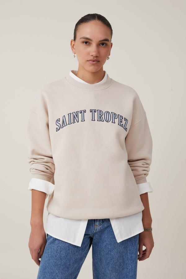 Cotton On Women - Classic Fleece Graphic Crew Sweatshirt - Saint tropez / stone