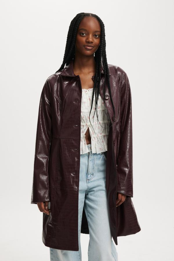 Cotton On Women - Croc Faux Leather Longline Jacket - Berry