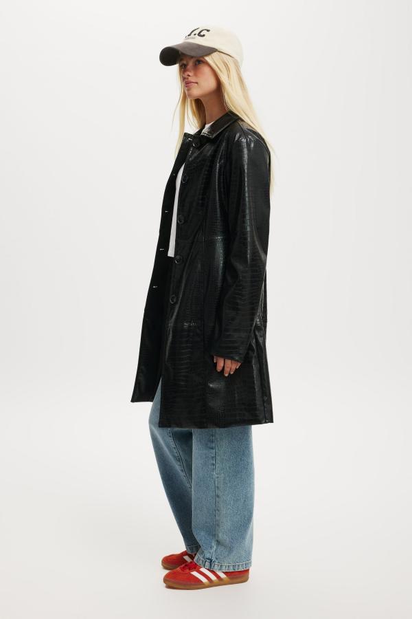 Cotton On Women - Croc Faux Leather Longline Jacket - Black