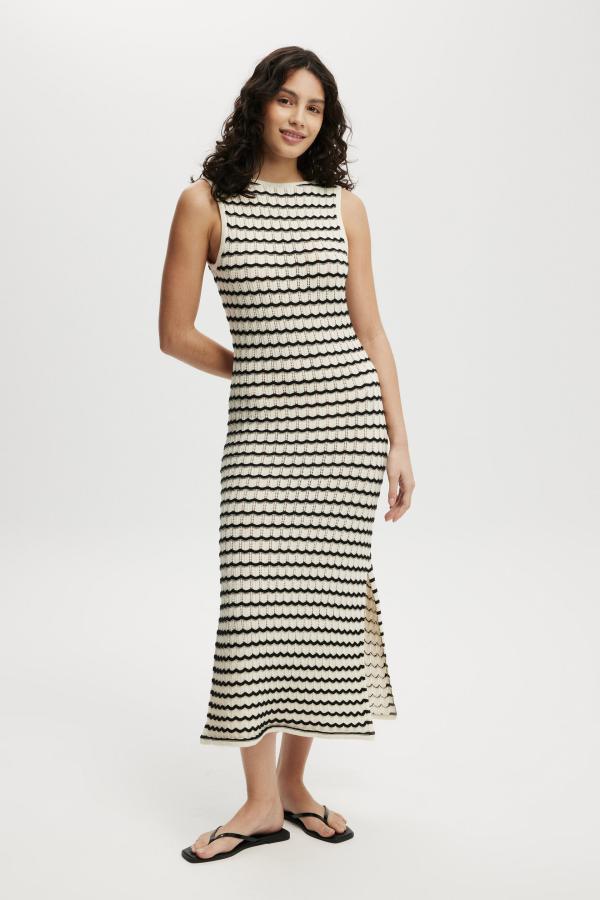 Cotton On Women - Crochet Maxi Dress - Black/white squiggle stripe