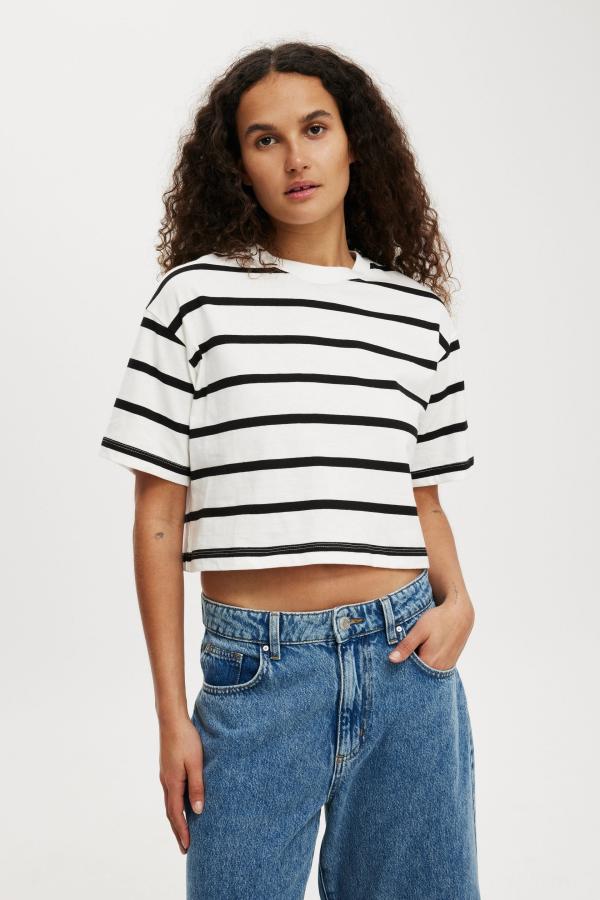 Cotton On Women - Cropped Boxy Tee - Ryan stripe vintage white/black