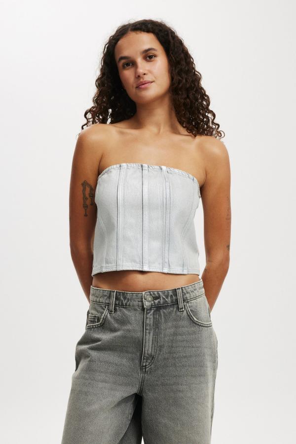 Cotton On Women - Denim Tube Top - Metallic/ ash grey