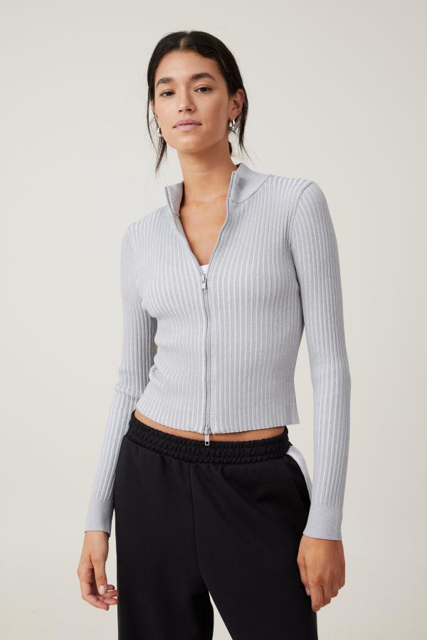 Cotton On Women - Double Trouble Rib Zip Collar Cardigan - Grey marle