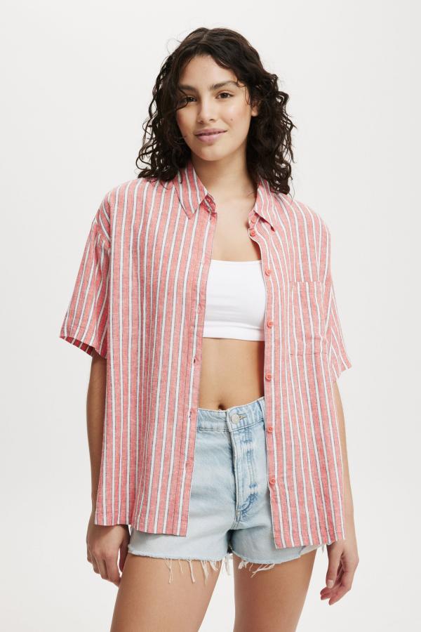 Cotton On Women - Haven Short Sleeve Shirt - Dutch stripe red