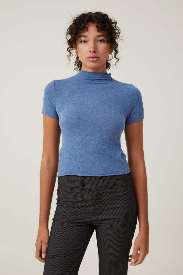 Cotton On Women - Hazel Mock Neck Short Sleeve Top - Azure blue marle
