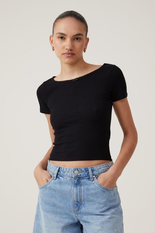 Cotton On Women - Heidi Picot Trim Short Sleeve Top - Black