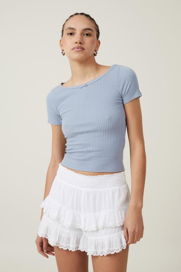Cotton On Women - Heidi Picot Trim Short Sleeve Top - Cloudy blue
