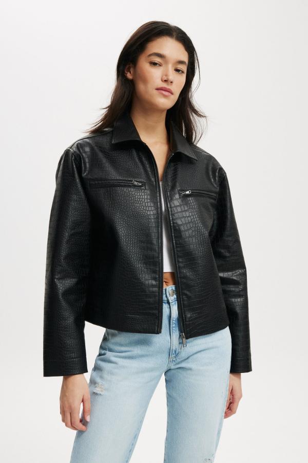 Cotton On Women - Ivy Faux Leather Croc Jacket - Black