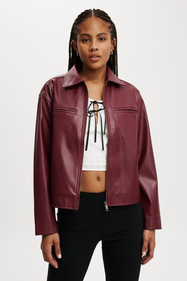 Cotton On Women - Ivy Faux Leather Jacket - Deep cherry