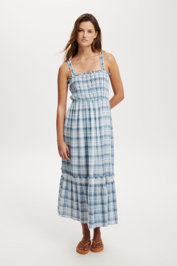 Cotton On Women - Izzy Shirred Maxi Dress - Blue gingham