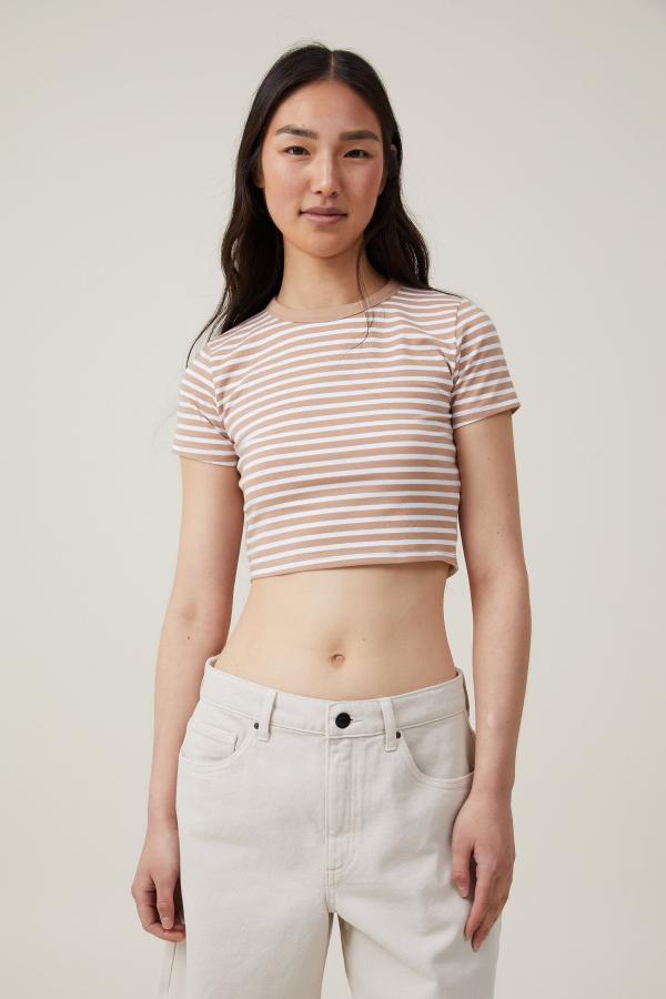 Cotton On Women - Micro Crop Tee - Basic stripe chestnut/white