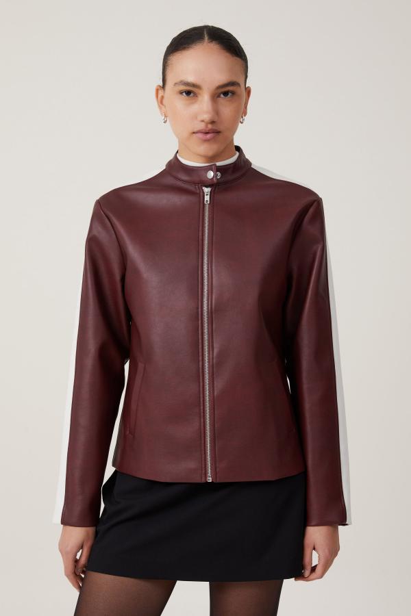 Cotton On Women - Nova Faux Leather Moto Jacket - Ivy/ berry stripe
