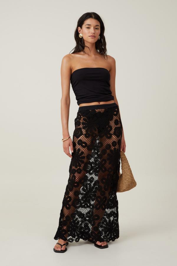 Cotton On Women - Riviera Floral Crochet Maxi Skirt - Black