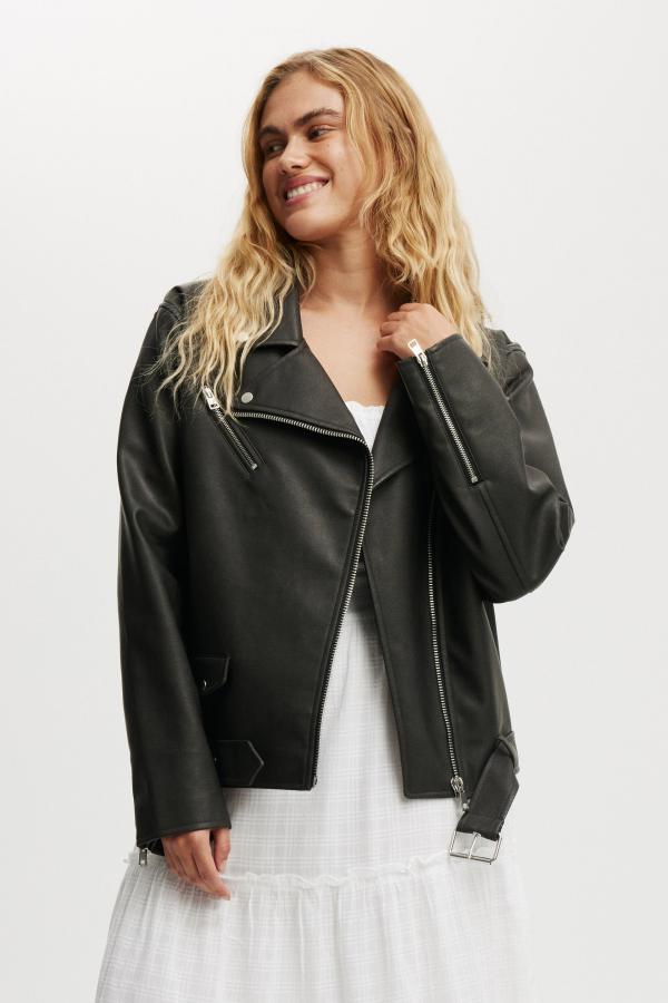 Cotton On Women - Roman Faux Leather Biker Jacket - Washed black