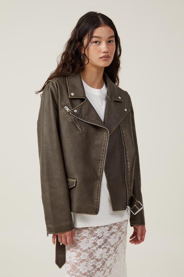 Cotton On Women - Roman Faux Leather Biker Jacket - Washed brown