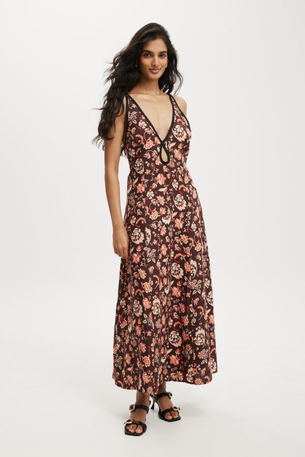 Cotton On Women - Rsvp Keyhole Linen Maxi Dress - Victoria floral dark oak