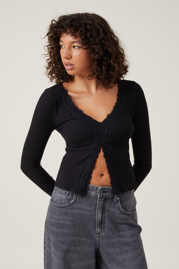 Cotton On Women - Sadie Lace Trim Long Sleeve Top - Black