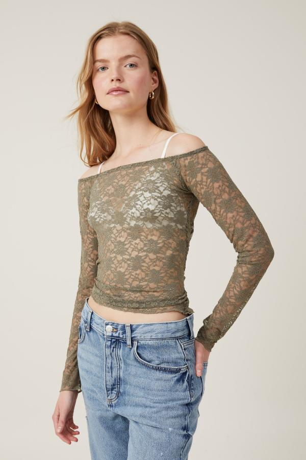 Cotton On Women - Shae Lace Off The Shoulder Long Sleeve - Woodland