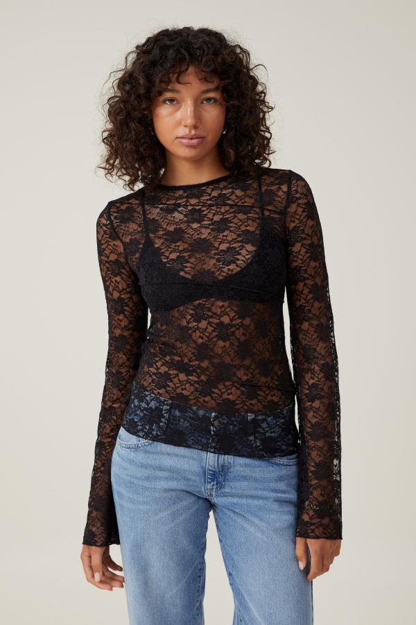 Cotton On Women - Shae Spliced Lace Long Sleeve Top - Black