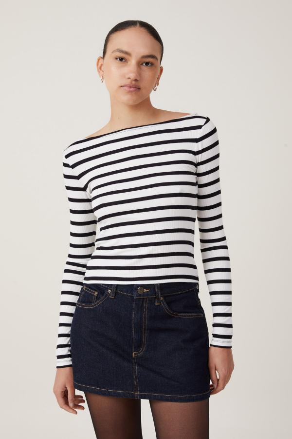 Cotton On Women - Staple Rib Boat Neck Long Sleeve Top - Demi stripe natural white/black