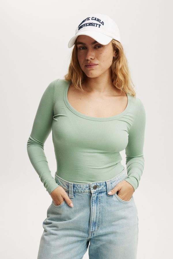 Cotton On Women - Staple Rib Scoop Neck Long Sleeve Top - Soft jade