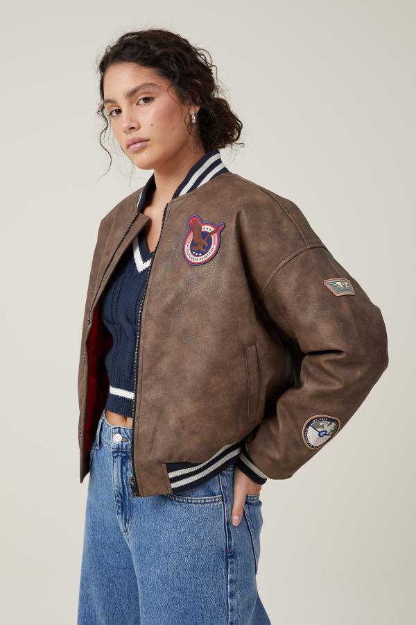 Cotton On Women - Tatum Faux Leather Bomber Jacket - Aviator/ washed brown