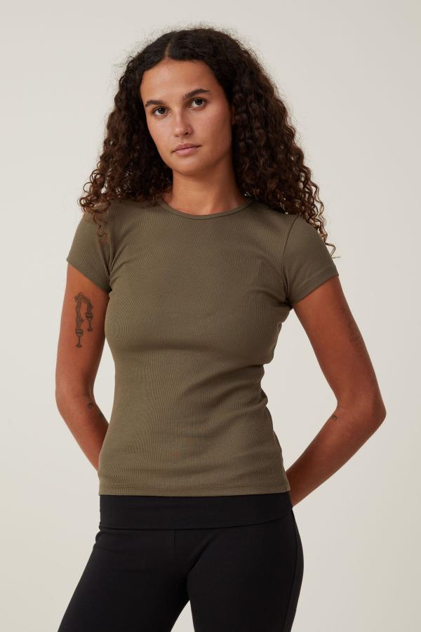 Cotton On Women - The One Organic Rib Crew Short Sleeve Tee - Khaki green
