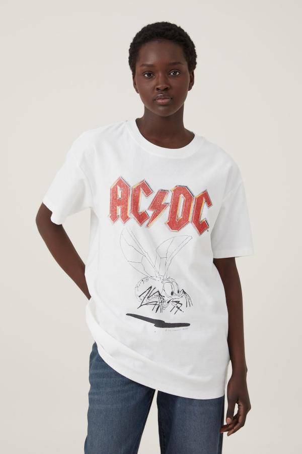 Cotton On Women - The Oversized Band Tee - Lcn per acdc fly on the wall/vintage white