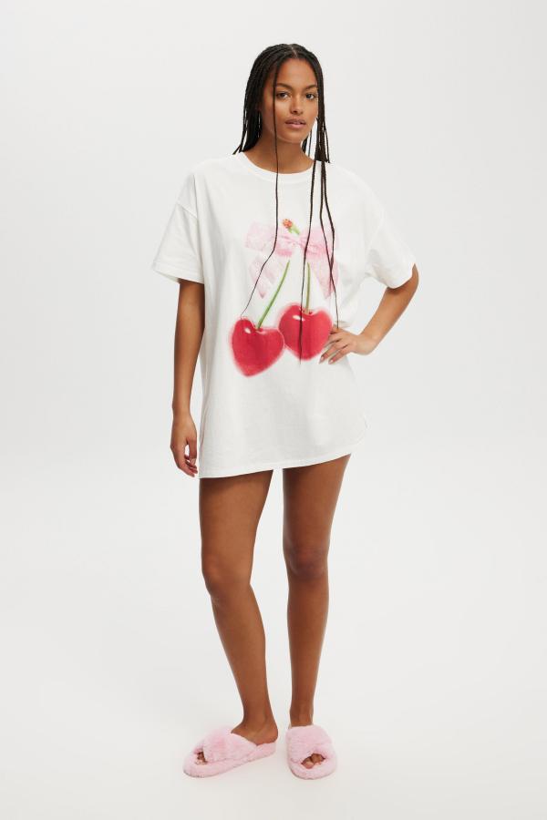 Body - 90S Graphic T-Shirt Nightie - Coconut milk/cherry with bow