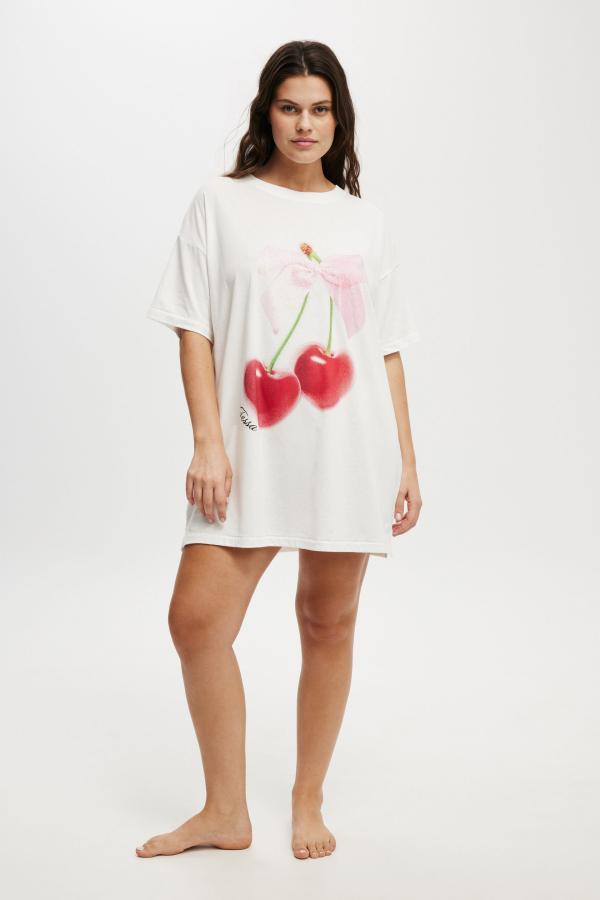 Body - 90S Graphic T-Shirt Nightie Personalised - Coconut milk/cherry with bow